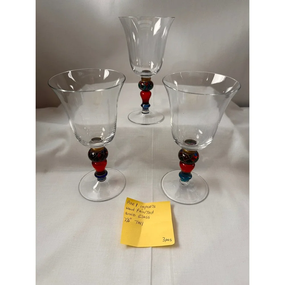 Pier 1 Imports Hand Painted Wine Glasses Set of 3 Harlequin Beaded Stem 7.5 inch